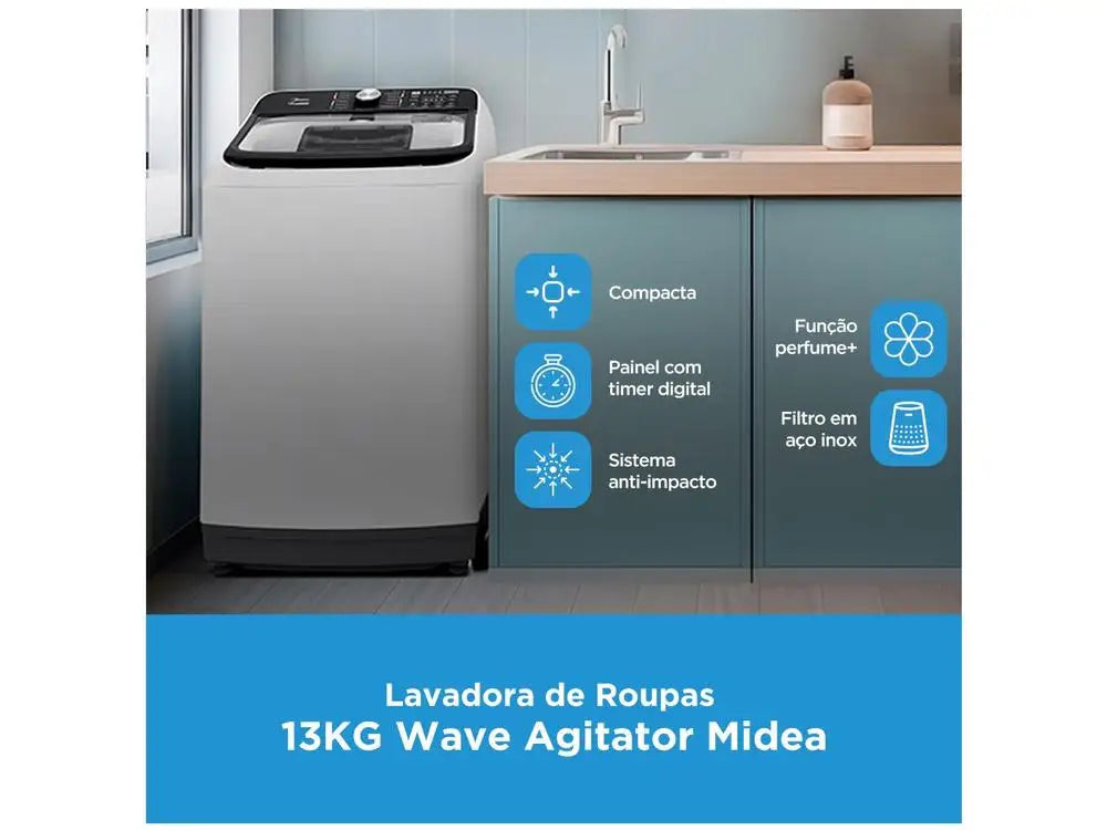 Midea 13kg Washing Machine Stainless Steel Tub 13 Washing Programs White Wave Agitator - 220V